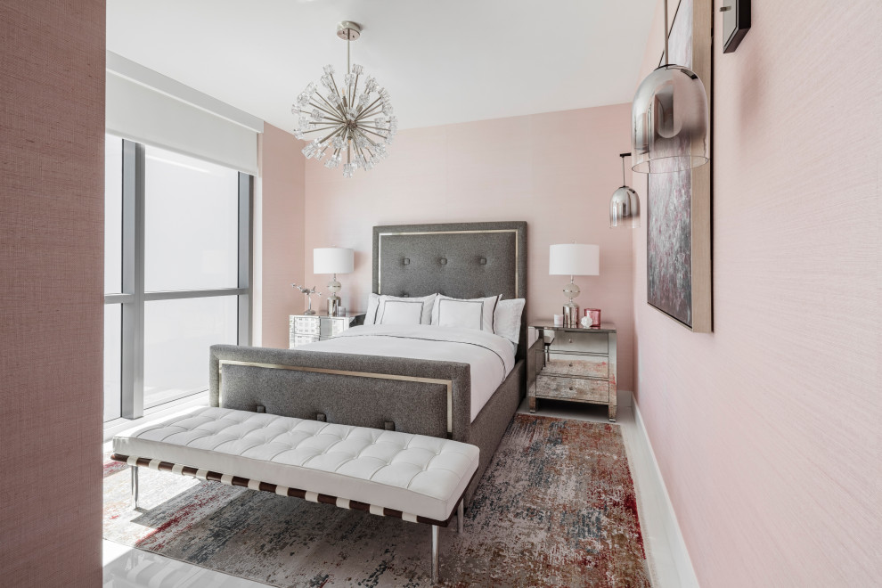 Traditional guest bedroom in Miami with pink walls, no fireplace and wallpapered walls.