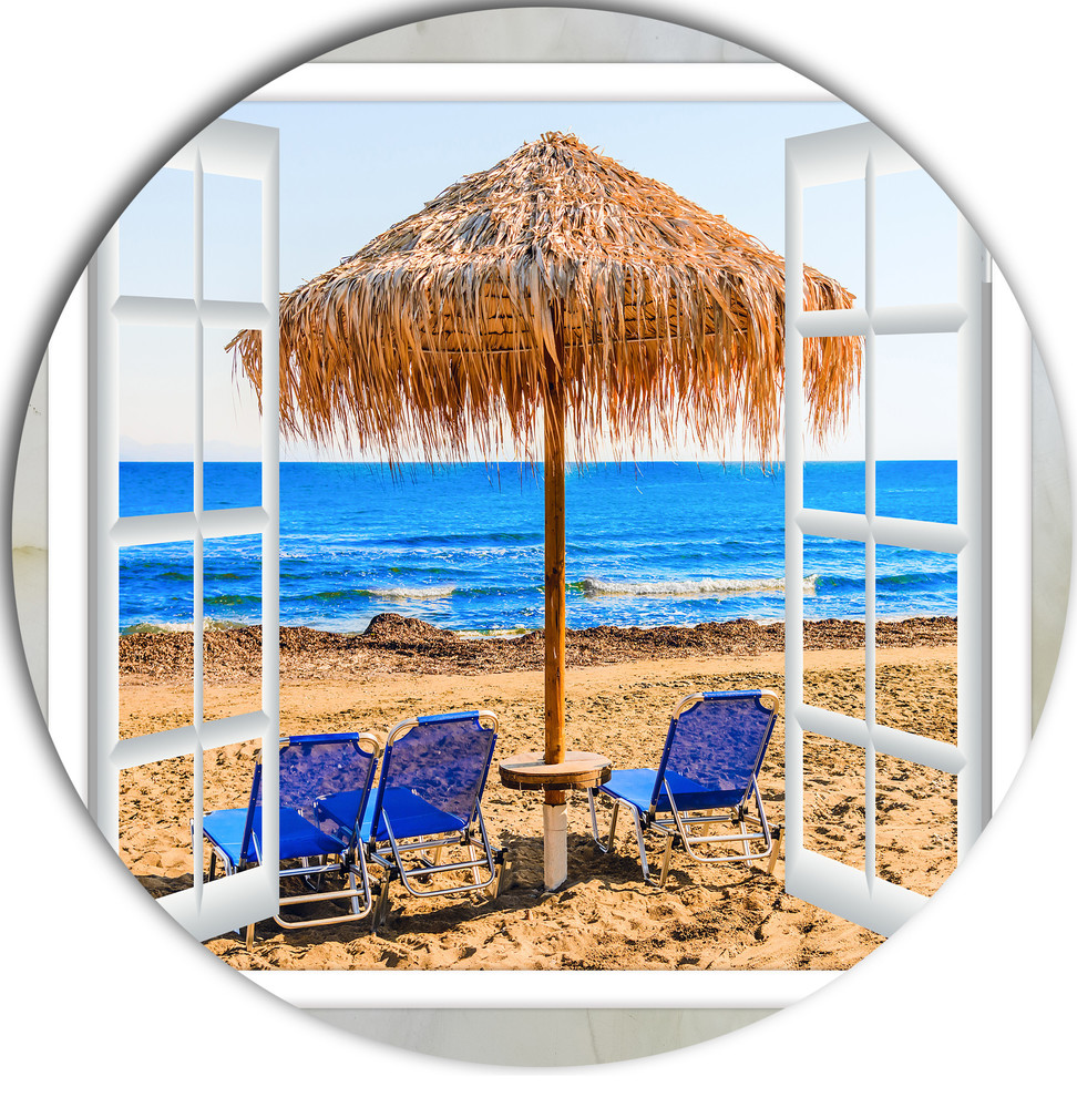 Window Open To Beach Hut With Chairs, Seashore Round Wall Art - Beach ...