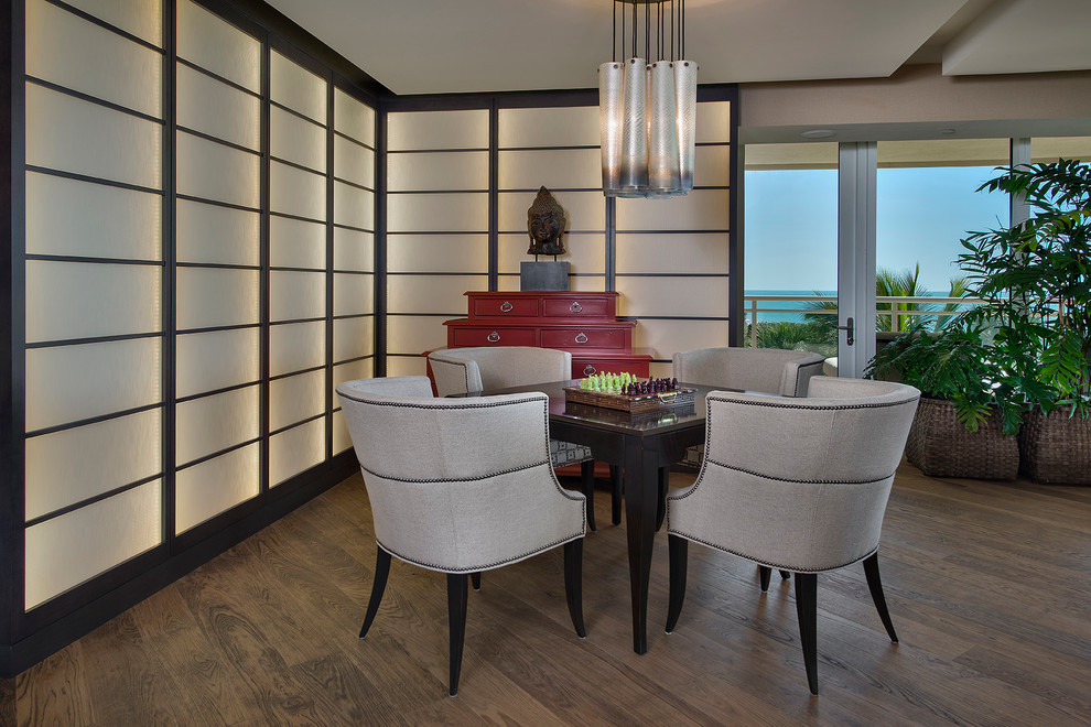 Photo of an asian family room in Miami with dark hardwood floors.