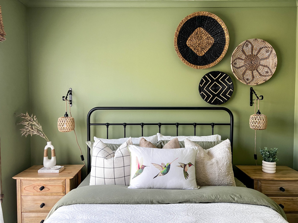 Design ideas for a medium sized farmhouse guest bedroom in Melbourne with green walls, carpet, no fireplace, grey floors, a wallpapered ceiling and wainscoting.