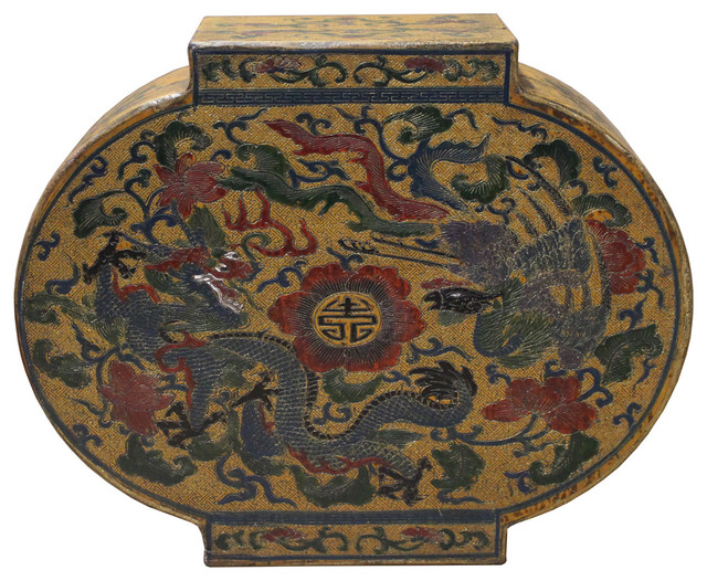Chinese Yellow Lacquer Color Dragons Scenery Painting Box Cs2215
