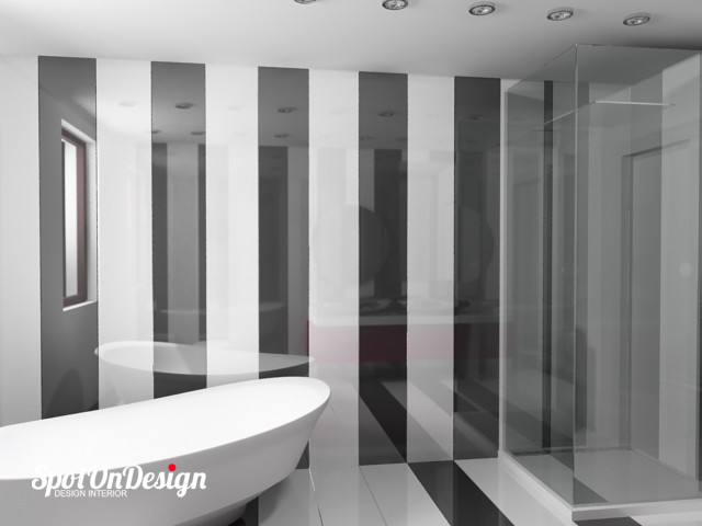 На фото: главная ванная комната среднего размера в стиле модернизм с плоскими фасадами, красными фасадами, отдельно стоящей ванной, угловым душем, биде, черно-белой плиткой, керамической плиткой, разноцветными стенами, полом из керамической плитки, раковиной с пьедесталом и столешницей из ламината