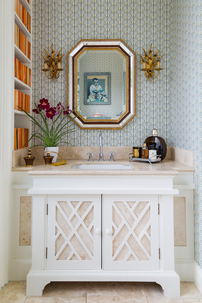 Classic cloakroom in Kent with freestanding cabinets, white cabinets, multi-coloured walls, a submerged sink, beige floors and beige worktops.