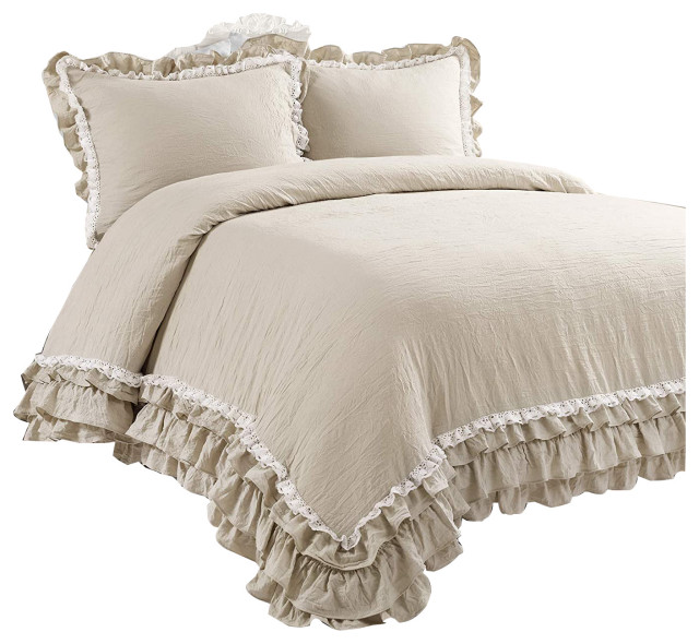 Lush Decor Ella Shabby Chic Ruffle Lace Comforter Neutral 3Pc Set King