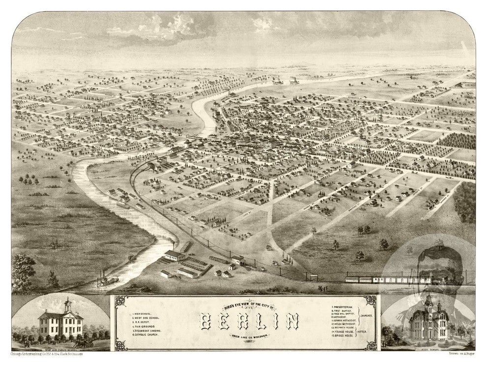 Old Map of Berlin Wisconsin 1867, Vintage Map Art Print, 12"x18