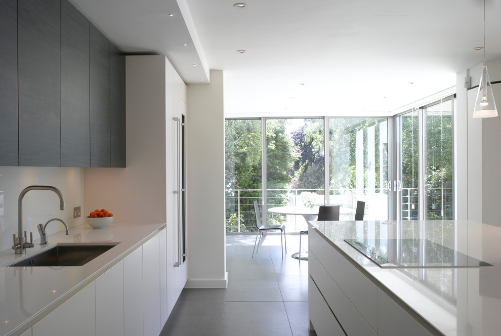 Design ideas for a large contemporary open plan kitchen in London with flat-panel cabinets and with island.