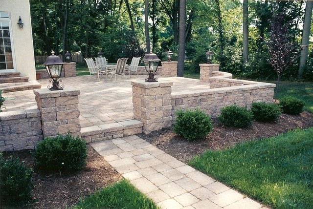 Raised Patio with Walkway, Sitting Walls and Pillars with ...