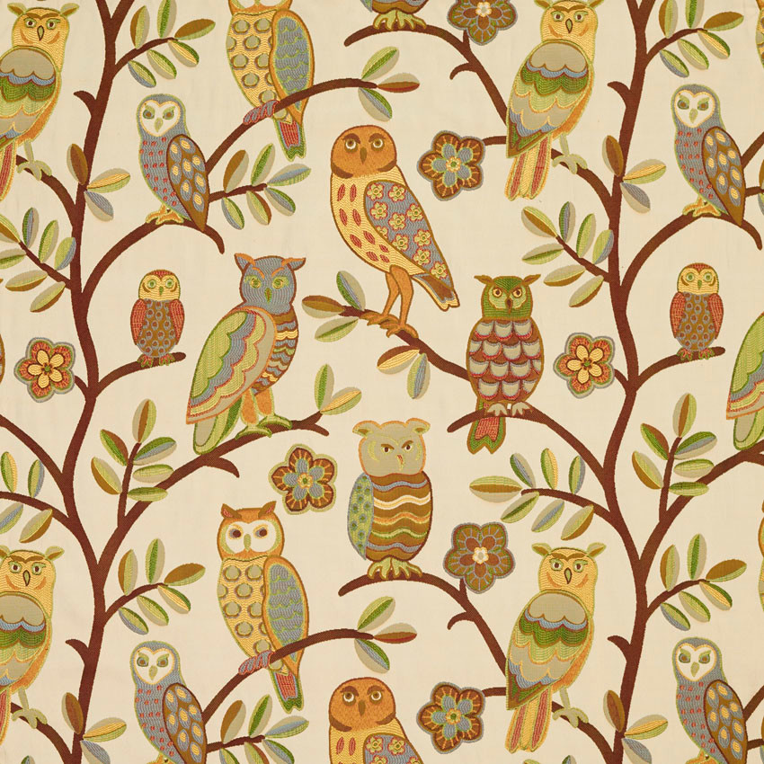 Gold, Copper and Green Owl Woven Designer Novelty Upholstery Fabric By