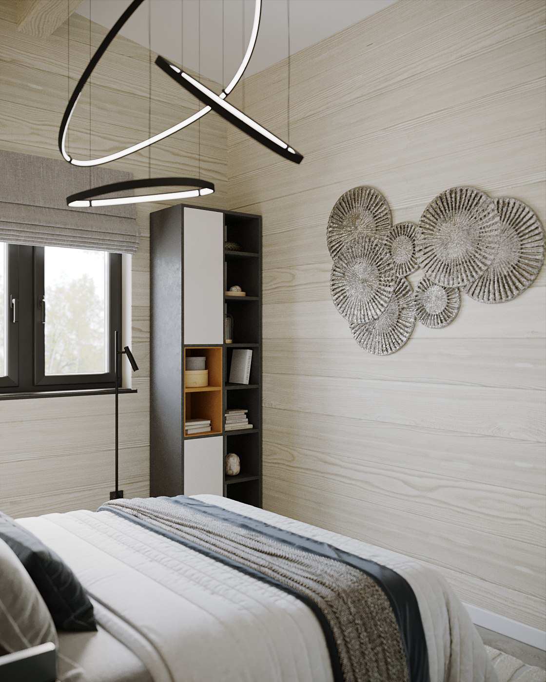 Стильный дизайн спальни в доме из бруса