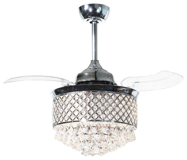 36 Chrome Retractable Crystal Ceiling Fan With Light Kit And Wall Control Contemporary Fans By Flint Garden Inc Houzz 36 Chrome Retractable Crystal Ceiling, Black Ceiling Fan With Chandelier Light Kit