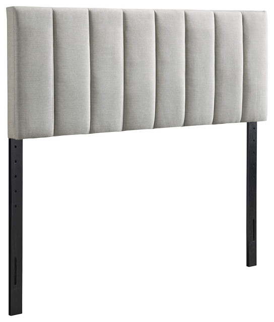 Queen Size Headboard, Vertical Channel Tufting, Beige Polyester