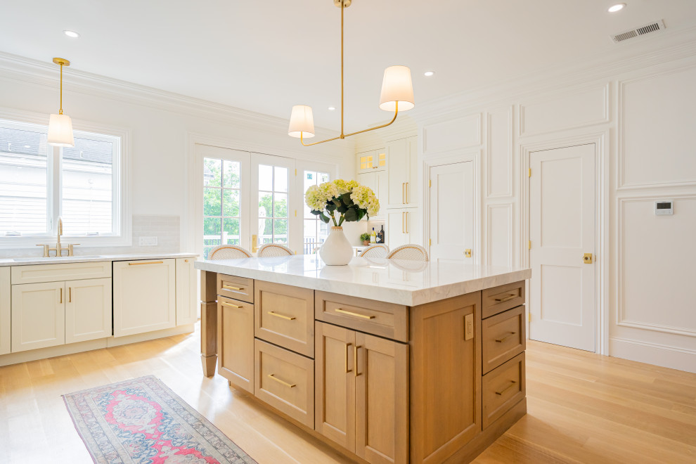 Inspiration for a transitional kitchen remodel with recessed-panel cabinets and white cabinets