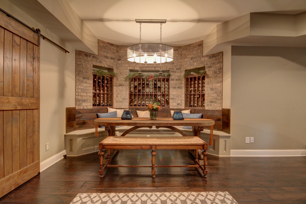 Large transitional look-out ceramic tile basement photo in Richmond with beige walls