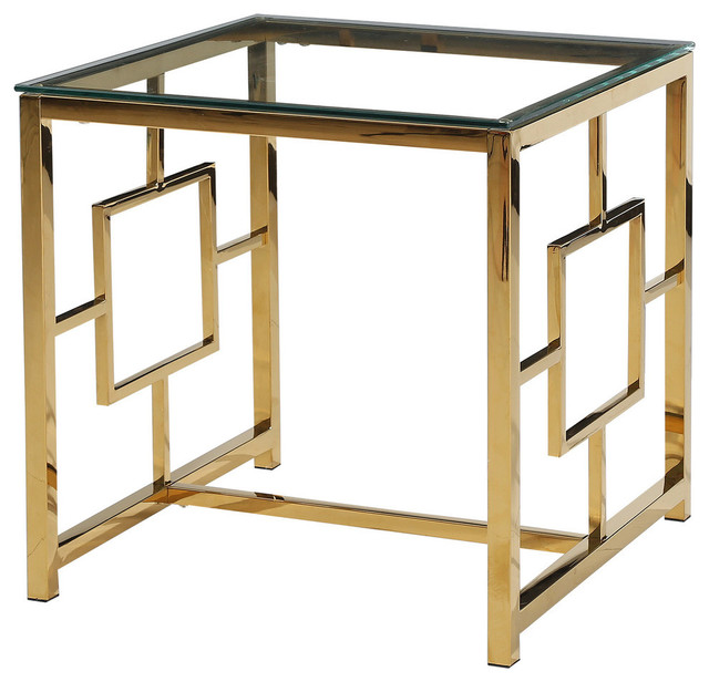 Gold Stainless Steel Living Room Glass End Table Contemporary Side
