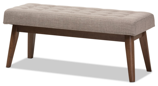 Elia Walnut Wood Light Gray Fabric Button-Tufted Bench, 42.99