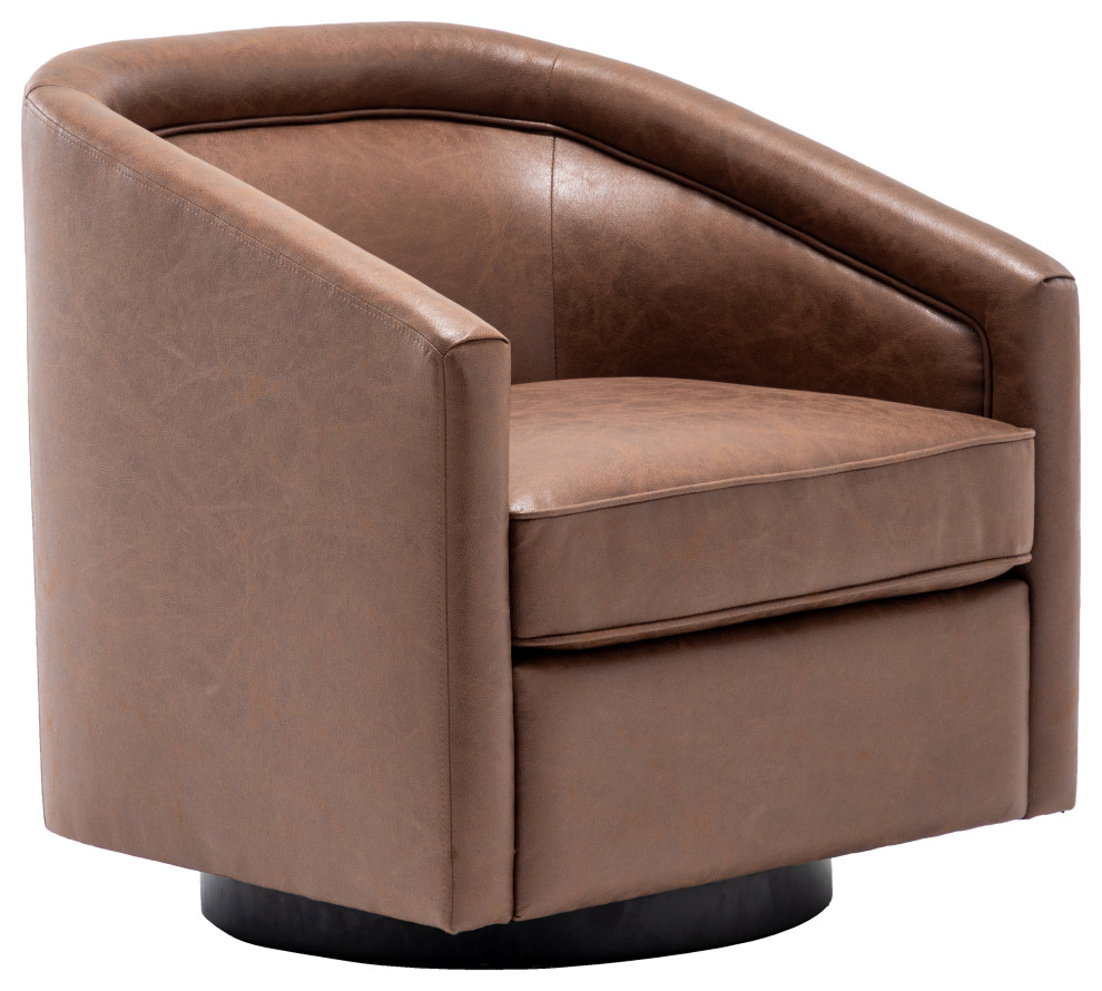 Brown Faux Leather Barrel Swivel Chair Contemporary Armchairs And