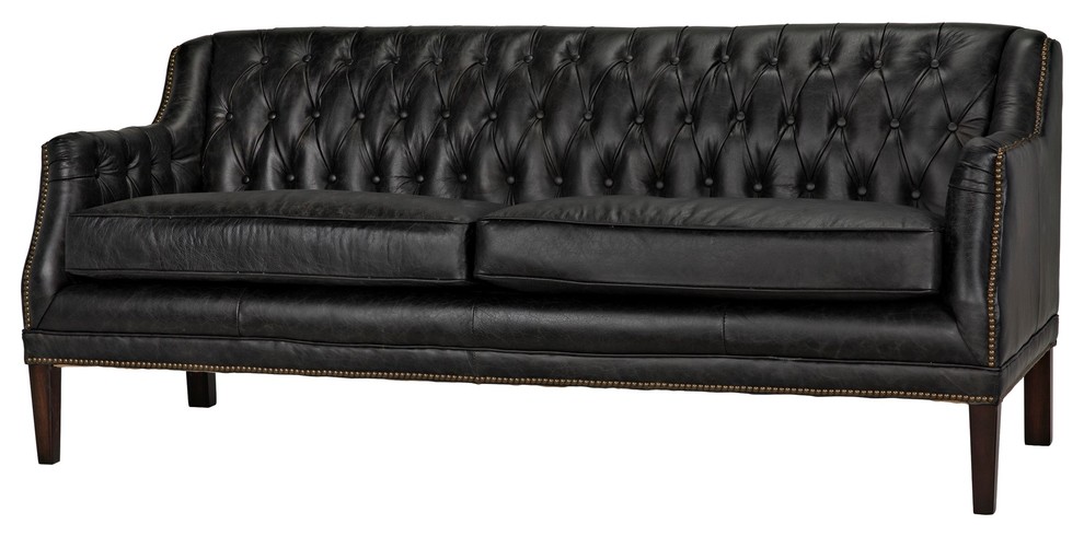 72 L Kent Sofa On Tufted Black Leather Modern Styling Nail Head Detail