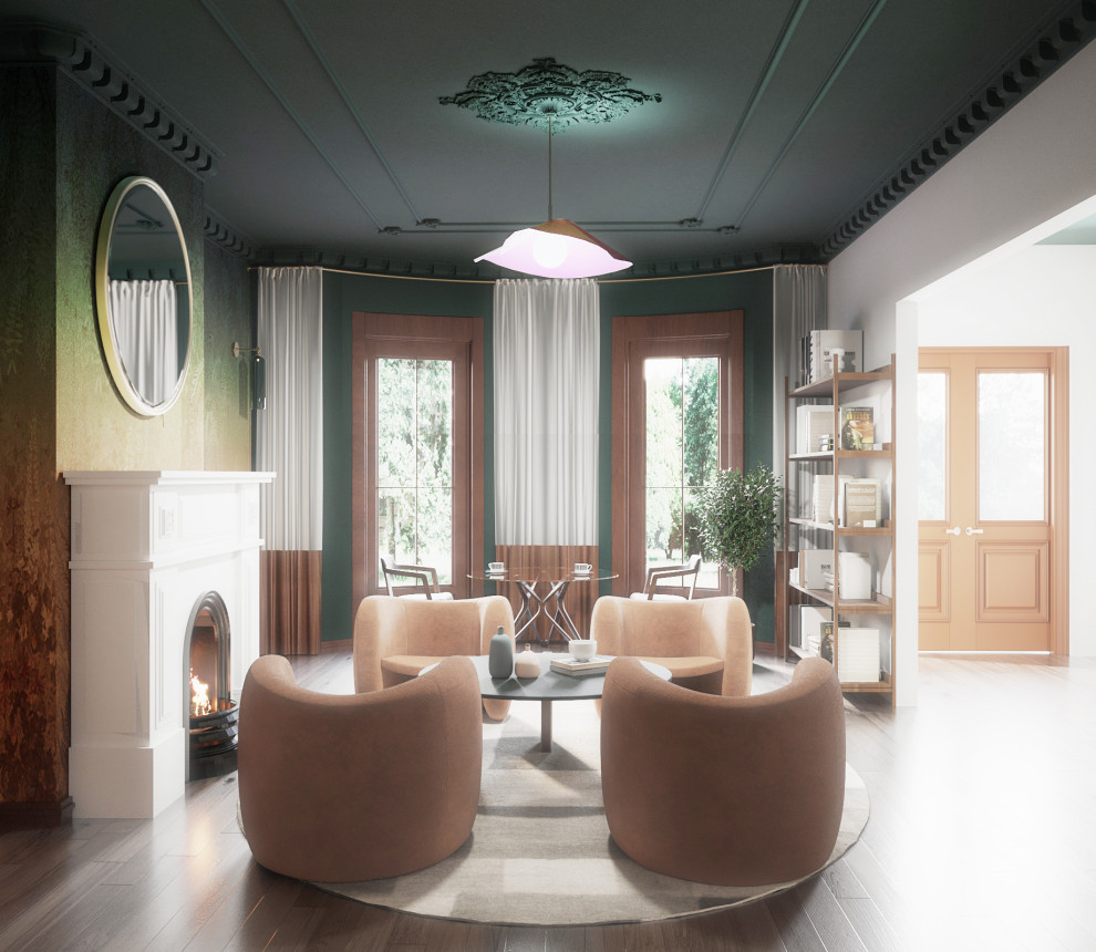 Стильный дизайн: гостиная комната среднего размера в современном стиле с разноцветными стенами, паркетным полом среднего тона, стандартным камином, фасадом камина из камня и коричневым полом - последний тренд