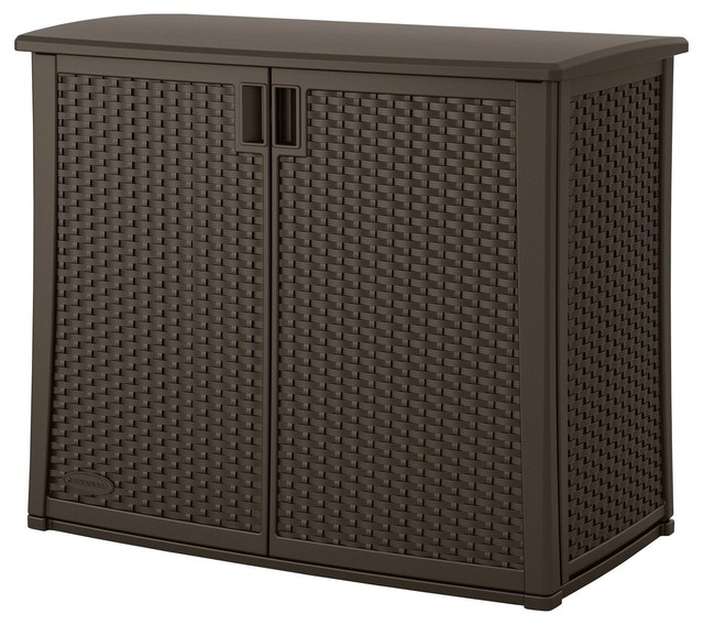 Outdoor Resin Wicker Storage Cabinet Shed, Dark Mocha Brown - Tropical