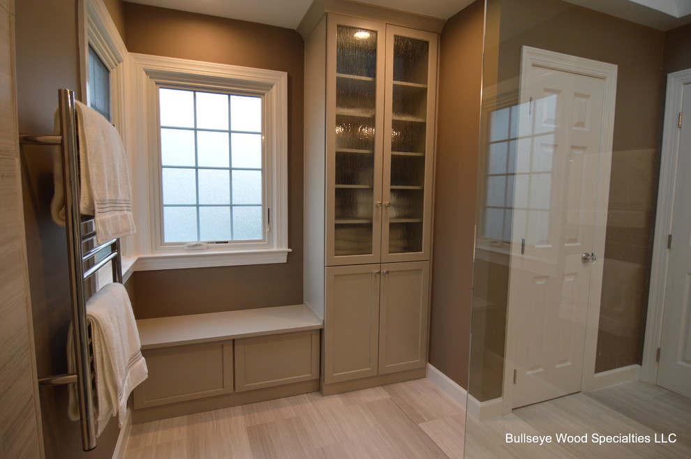 Large transitional master gray tile and mosaic tile ceramic tile and gray floor walk-in shower photo in DC Metro with shaker cabinets, gray cabinets, gray walls, an undermount sink, quartz countertops and white countertops