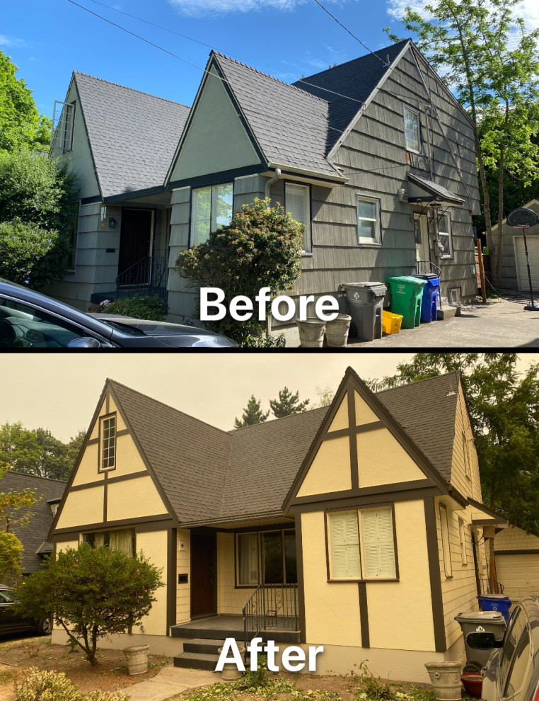 Mid-sized traditional two-storey beige house exterior in Portland with concrete fiberboard siding, a gable roof, a shingle roof, a grey roof and shingle siding.