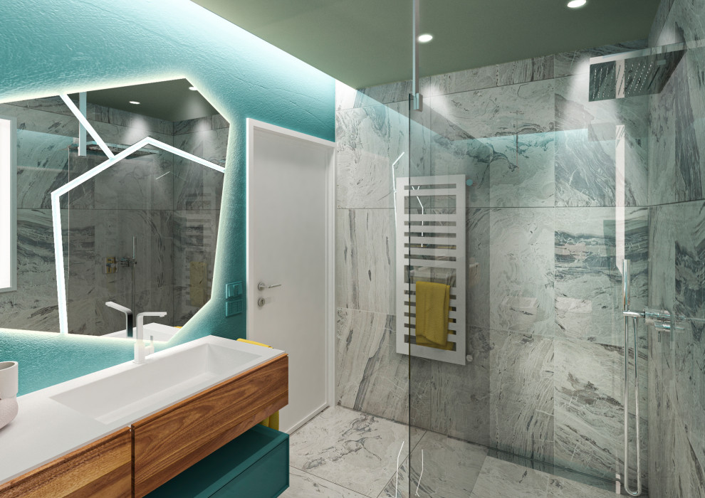 Example of a mid-sized minimalist 3/4 green tile marble floor, gray floor, single-sink and tray ceiling bathroom design in Florence with light wood cabinets, a two-piece toilet, green walls, a drop-in sink, solid surface countertops and a built-in vanity