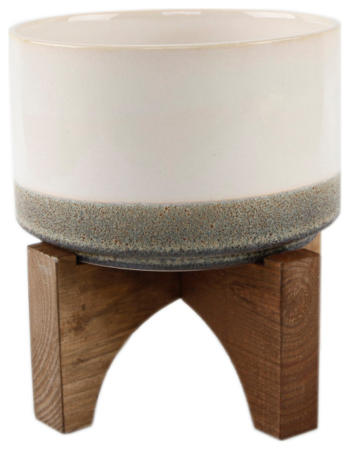 7" Lava Ceramic On Wood Stand, Grey