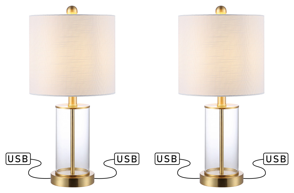 Abner Glass Modern Contemporary USB Charging LED Table Lamp, Brass Gold/Clear