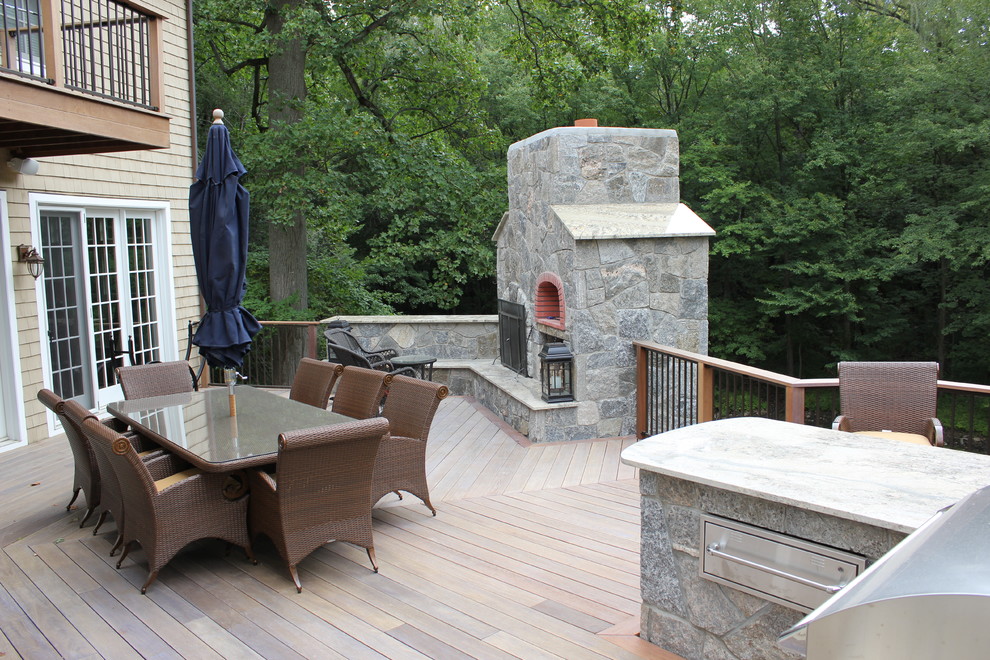 Deck - large transitional backyard deck idea in Bridgeport with a fire pit and no cover