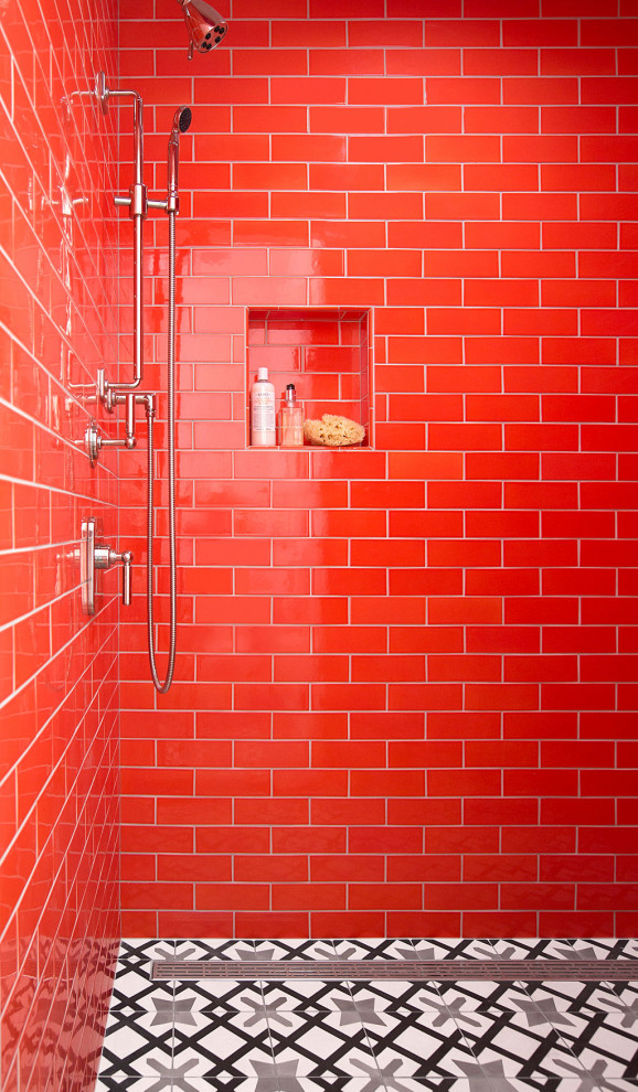 Alcove shower - mid-sized transitional orange tile and ceramic tile ceramic tile, multicolored floor and single-sink alcove shower idea in San Francisco with flat-panel cabinets, gray cabinets, a two-piece toilet, gray walls, an undermount sink, marble countertops, white countertops and a freestanding vanity