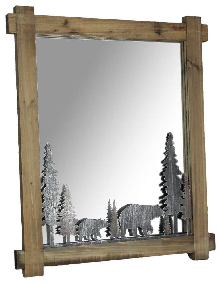 26 Inch Black Bears Wood And Metal Wall Mirror Decorative Forest Bathroom Decor Rustic Wall