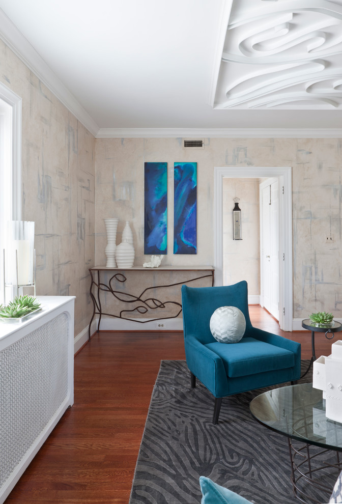 Large eclectic open concept medium tone wood floor living room photo in DC Metro with multicolored walls