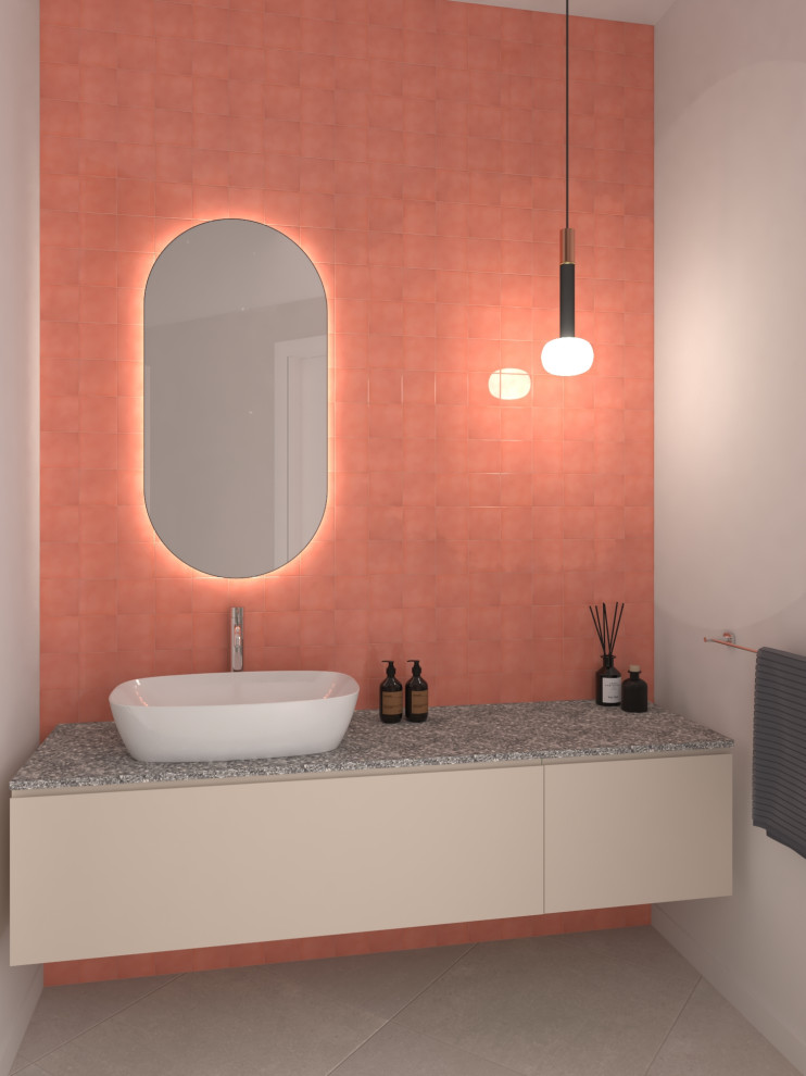 Photo of a mid-sized contemporary 3/4 bathroom in Milan with flat-panel cabinets, white cabinets, an open shower, a wall-mount toilet, pink tile, white walls, porcelain floors, an integrated sink, beige floor, an open shower, grey benchtops, a single vanity, a floating vanity and exposed beam.