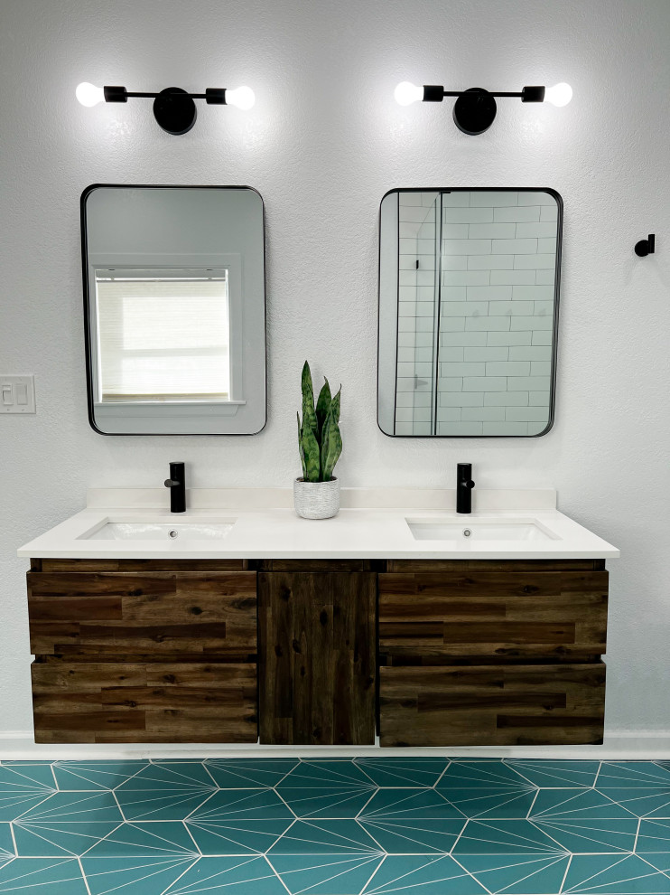 Inspiration for a mid-sized modern master bathroom in Austin with flat-panel cabinets, dark wood cabinets, a freestanding tub, a corner shower, a bidet, white tile, white walls, porcelain floors, an undermount sink, engineered quartz benchtops, turquoise floor, a hinged shower door, white benchtops, a double vanity and a floating vanity.