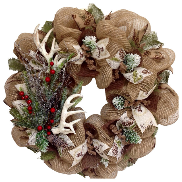 Deer Antlers Holiday Wreath With Iced Greenery Handmade Deco Mesh Rustic Wreaths And Garlands By What A Mesh By Diana