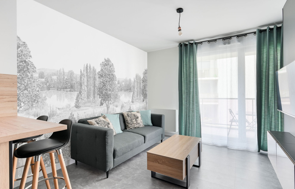 Modelo de sala de estar con barra de bar abierta actual pequeña con suelo vinílico, suelo gris, papel pintado y paredes grises