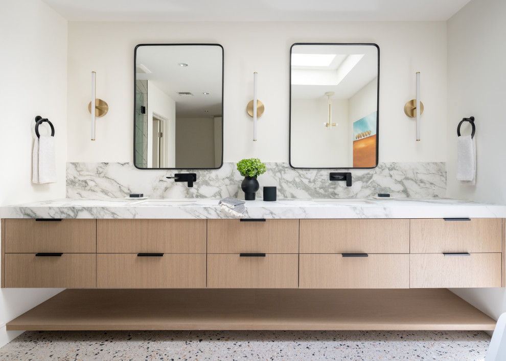 Design ideas for a contemporary master bathroom in Other with flat-panel cabinets, light wood cabinets, white walls, an undermount sink, multi-coloured floor, a double vanity and a floating vanity.