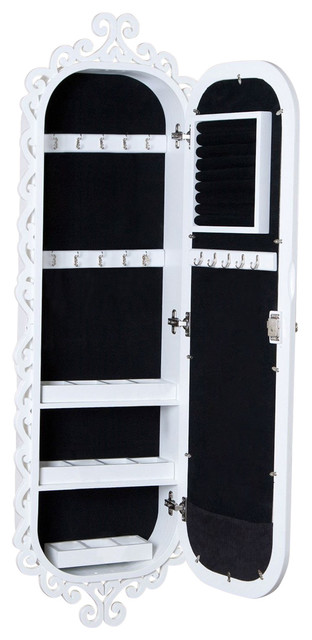 Wall Mounted Jewelry Cabinet Mirror Armoire With Gloss White Scrolling Border