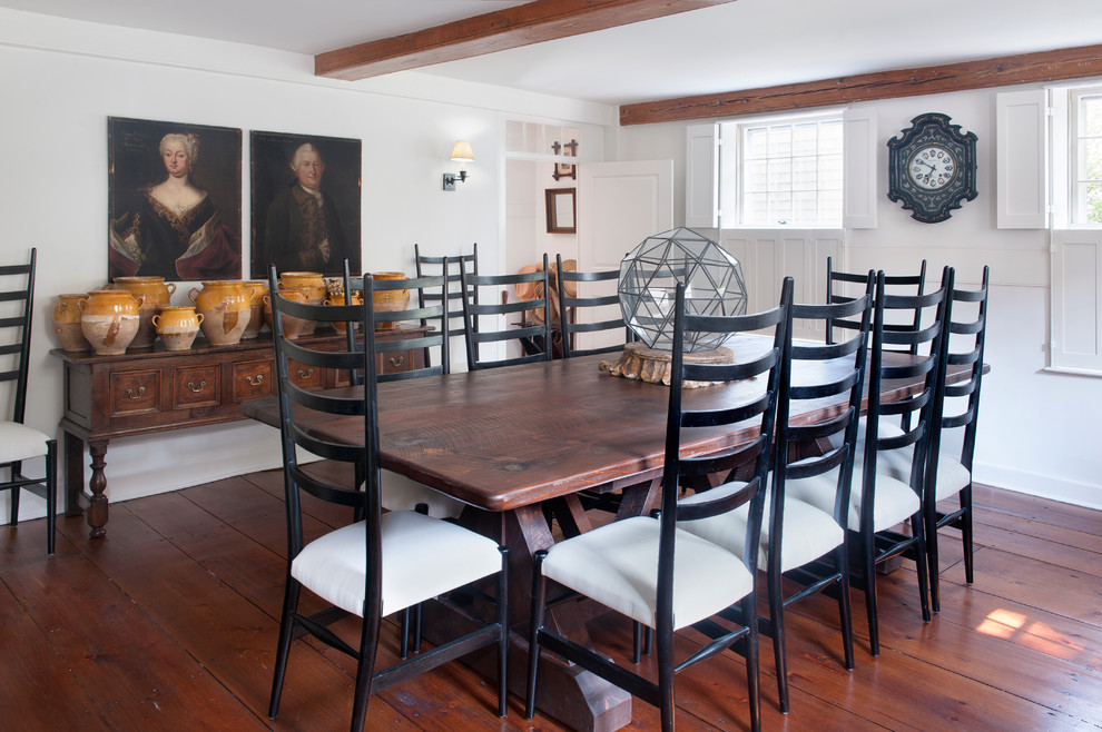Inspiration for a traditional dining room in Boston with white walls.