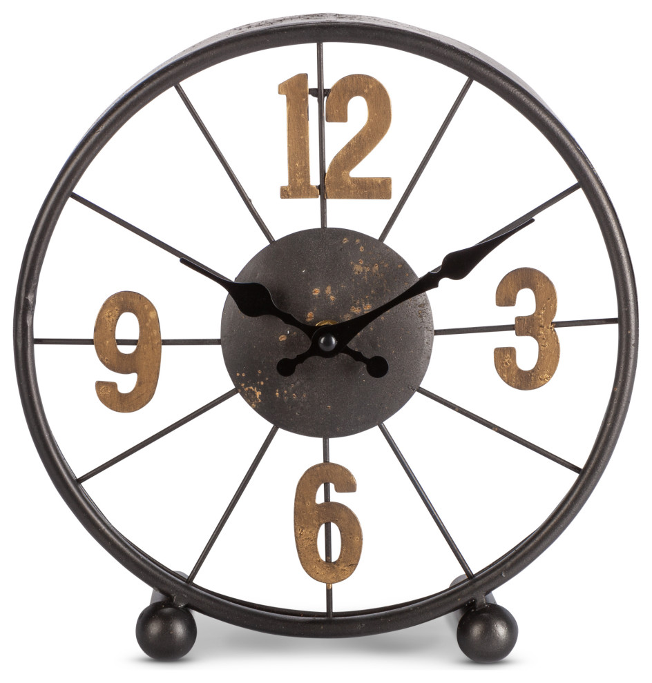 10.25" Battery Operated Tabletop Clock, Black and Gold Industrial
