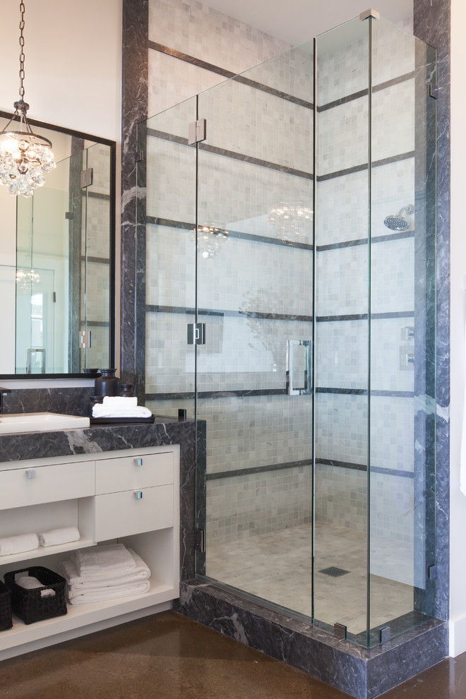 Design ideas for a contemporary master bathroom in Orange County with flat-panel cabinets, white cabinets, white walls and concrete floors.