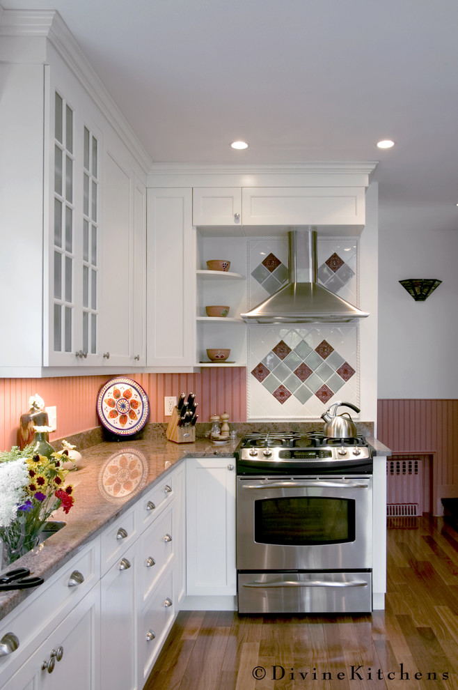 Small traditional l-shaped kitchen pantry in Boston with a submerged sink, beaded cabinets, white cabinets, granite worktops, red splashback, ceramic splashback, stainless steel appliances, dark hardwood flooring and no island.