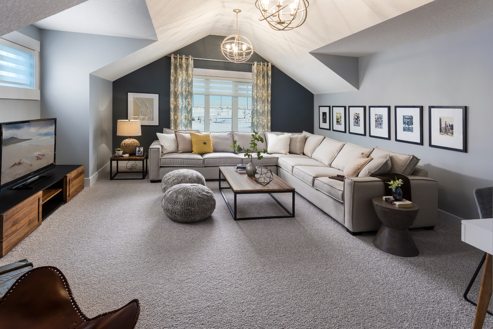 This is an example of a large transitional family room in Calgary with grey walls, carpet, no fireplace and a freestanding tv.