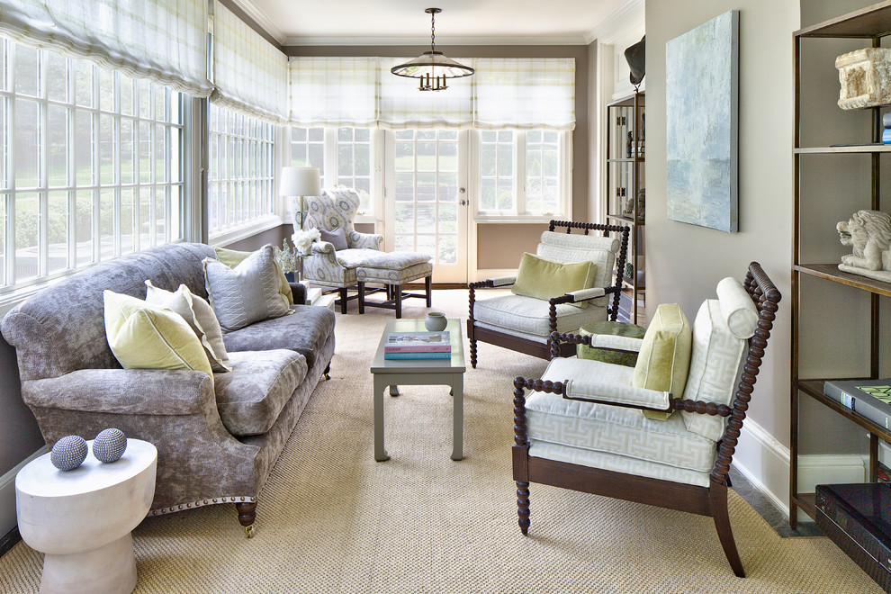 Large elegant carpeted sunroom photo in New York with a standard ceiling