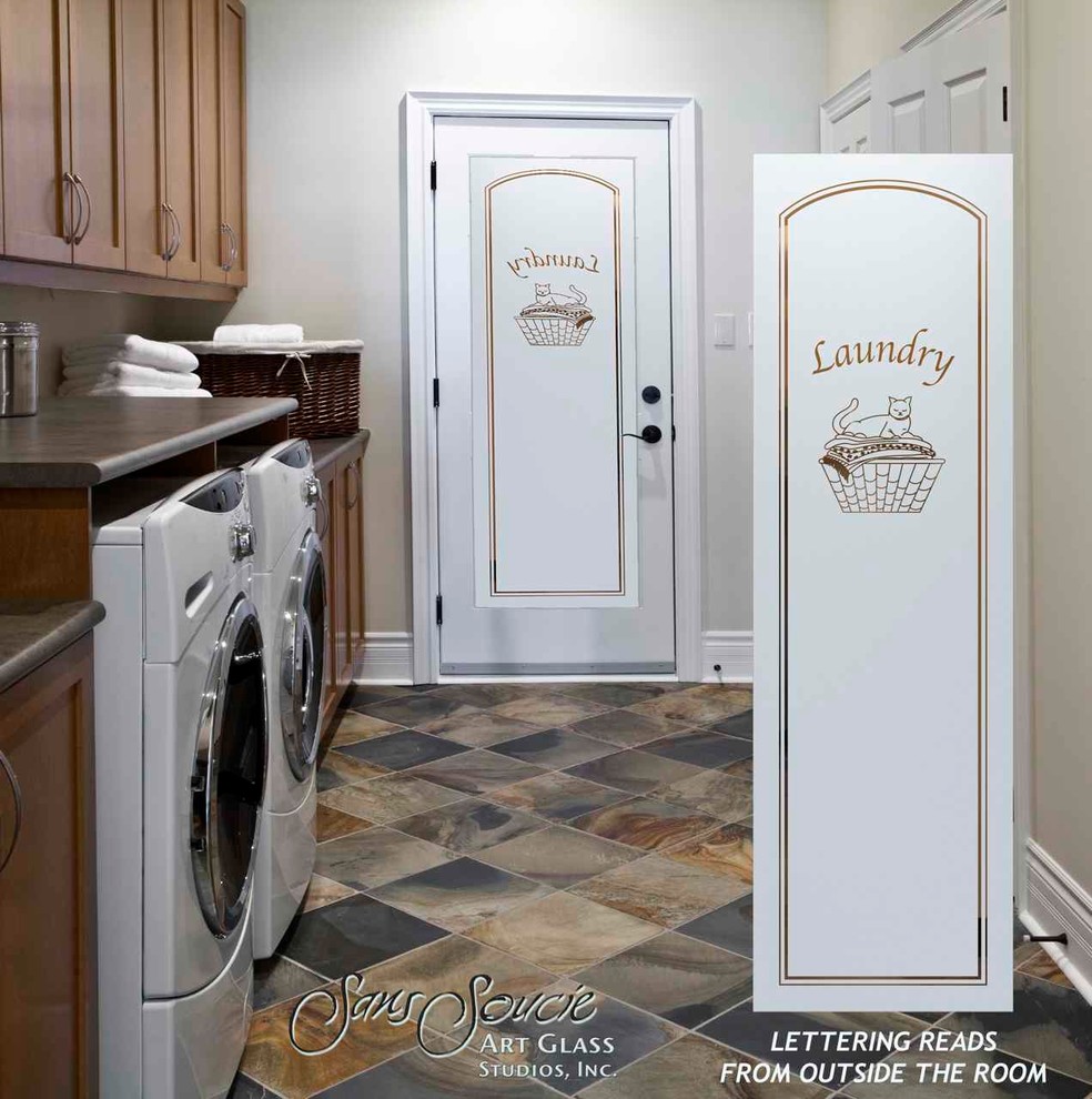 Inspiration for a mid-sized eclectic single-wall dedicated laundry room in Other with a single-bowl sink, recessed-panel cabinets, medium wood cabinets, laminate benchtops, beige walls, ceramic floors and a side-by-side washer and dryer.