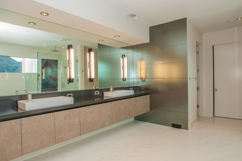 Large modern master bathroom in Los Angeles with flat-panel cabinets, beige cabinets, gray tile, white tile, porcelain tile, white walls, porcelain floors, a vessel sink and solid surface benchtops.