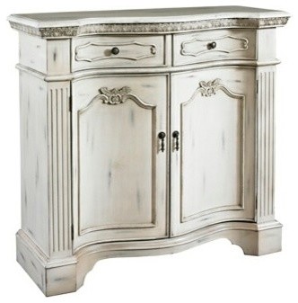 Mansion Aged White Wood Finish Fluted Pilaster 2-Door, 2-Drawer Cabinet