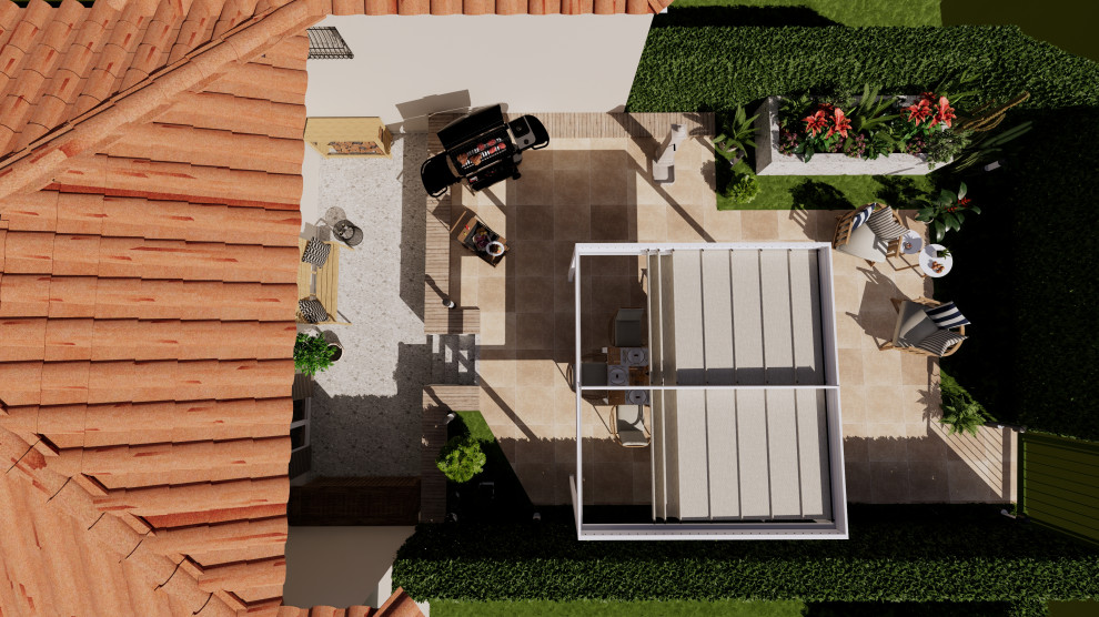 Immagine di un giardino formale moderno esposto in pieno sole di medie dimensioni e dietro casa in estate con gazebo, pedane e recinzione in metallo