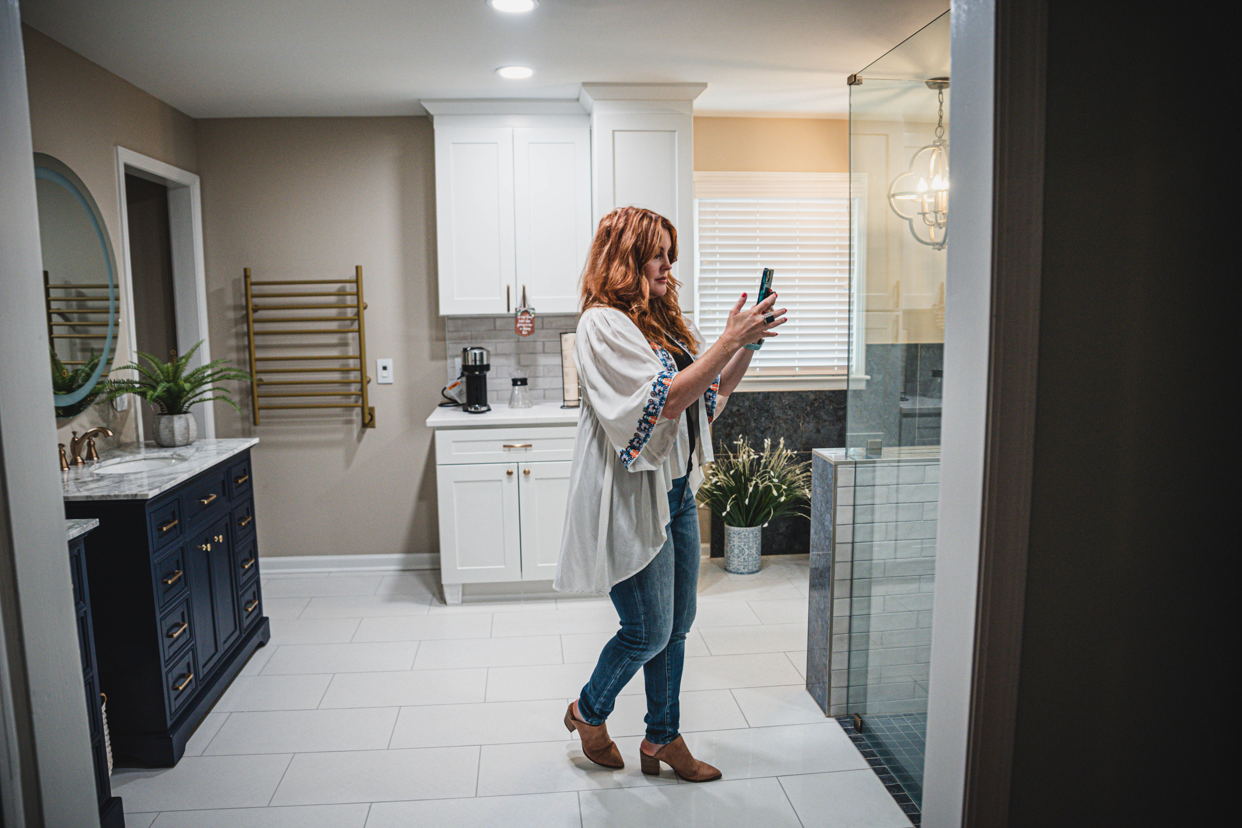 Blue with Coffee Primary Bathroom remodel