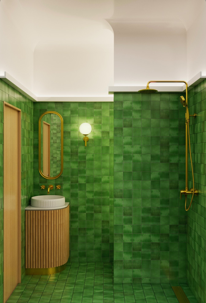 Inspiration for a small traditional 3/4 bathroom in Paris with a wall-mount toilet, green tile, green walls, a drop-in sink, green floor, a single vanity, beaded inset cabinets, light wood cabinets, a curbless shower, ceramic tile, ceramic floors, granite benchtops, a hinged shower door, white benchtops, an enclosed toilet, a freestanding vanity and vaulted.